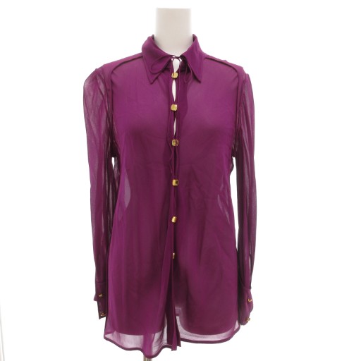 【中古】フェンディ FENDI シアー シルクシャツ ブラウス 40 長袖 ネックリボン ロゴ 金ボタン 紫 パープル /GV