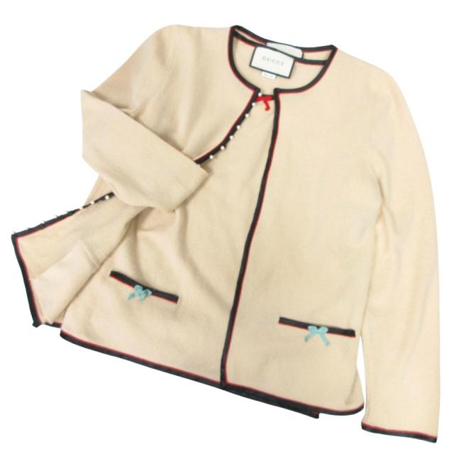 【中古】未使用品 グッチ 極美品 フェイクパールボタン カシミヤ アンサンブルニット 501399 ベージュ S ■MNK2