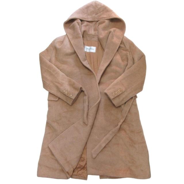 【中古】マックスマーラ MAX MARA 美品 白タグ リアルト アルパカ フーデッドコート ベルテッド キャメル 40 ■MNK2