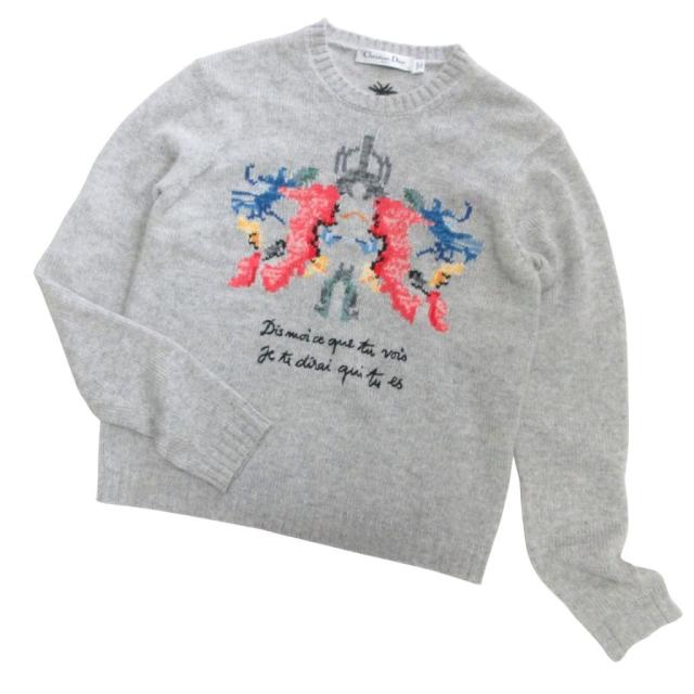 【中古】クリスチャンディオール 美品 カシミヤ グラフィック セーター ニット 長袖 844S31ZI019 グレー 40 ■MNK2