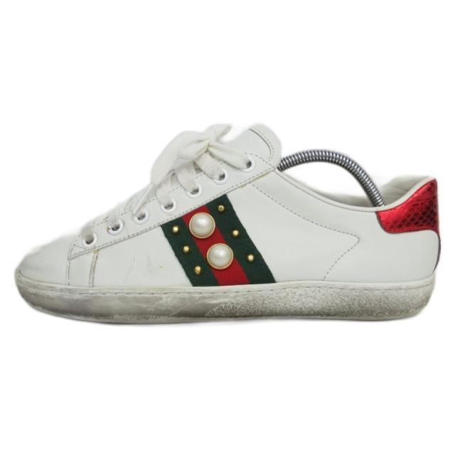 【中古】グッチ GUCCI ACE エース パールスタッズ ローカットスニーカー シェリーライン 36 ホワイト 438213  IBO84