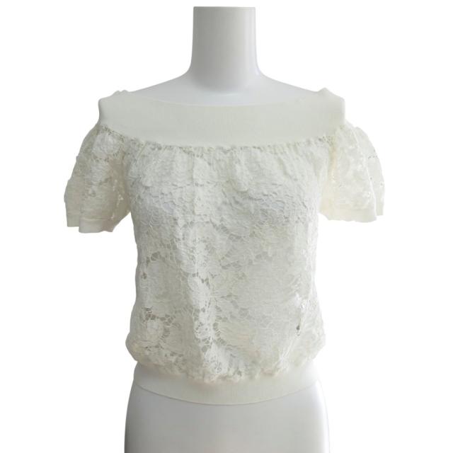 【中古】ヴァレンティノ ヴァレンチノ  VALENTINO レース オフショルダー ニットトップ 半袖 白 ホワイト L IBO84