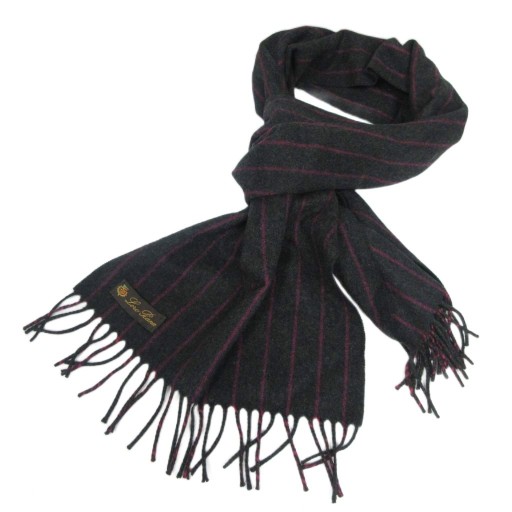 【中古】ロロピアーナ Loro Piana 最高級 美品 カシミヤ100% ストライプ マフラー ストール イタリア製 チャコール