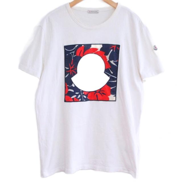 【中古】モンクレール MONCLER Tシャツ カットソー ロゴ パッチ ハイビスカス ワッペン 半袖 XL 白 ホワイト IBO86