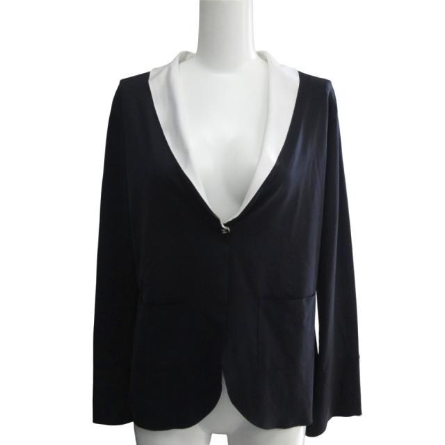 【中古】シャネル 03C バイカラージャージーニットサテンジャケット ココマーク 42 紺 ネイビー 白 P20452 ■MNK3