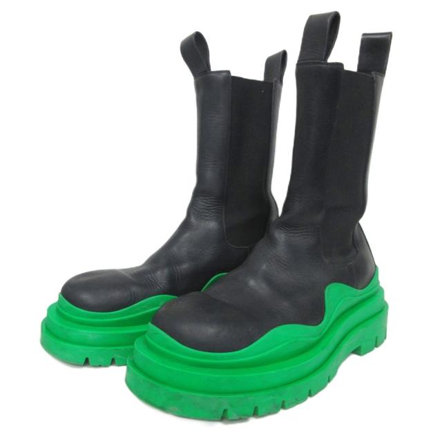 【中古】ボッテガヴェネタ Tire タイヤ チェルシーブーツ サイドゴアブーツ ロング レザー 41 Black/grass ■MNK3