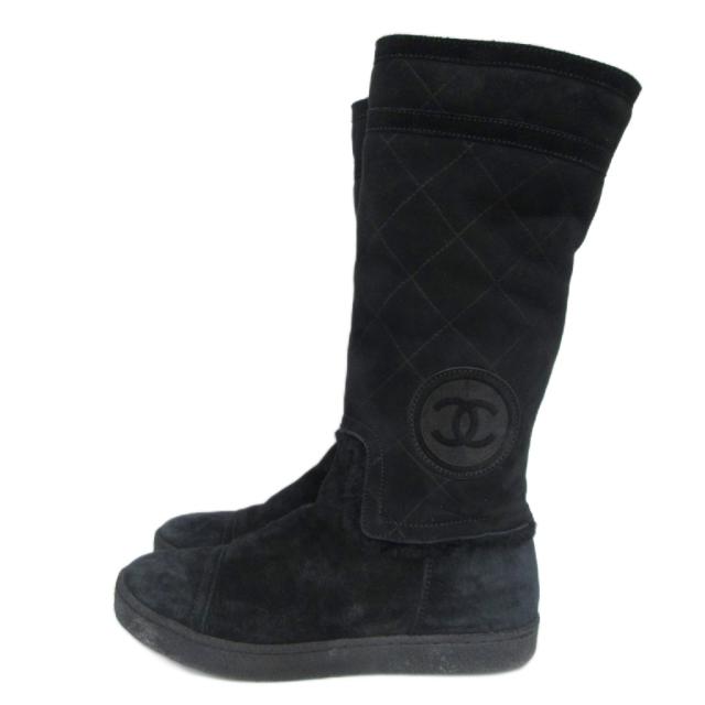 【中古】シャネル CHANEL マトラッセ ムートン ロングブーツ ココマーク G26557 レザー 35 黒 ブラック レディース_1