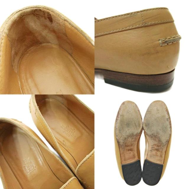 【中古】エルメス HERMES Hロゴステッチ オールレザー ローファー 37 23.5cm ベージュ 1205 ■MNK3