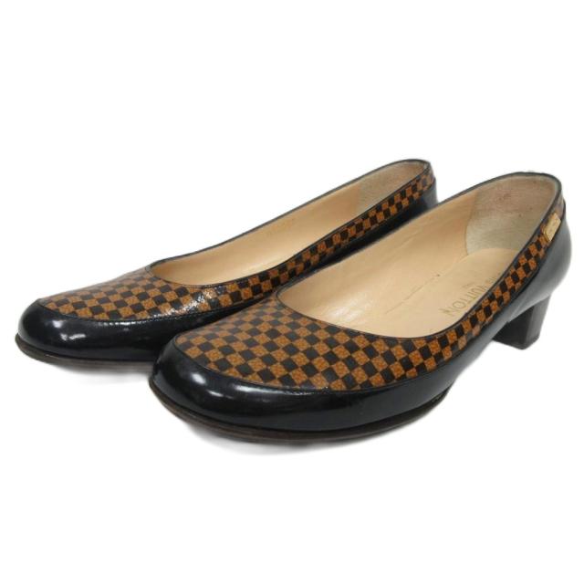 【中古】ルイヴィトン LOUIS VUITTON ダミエ パンプス ロゴプレート エナメル ローヒール 36 茶 ブラウン IBO86