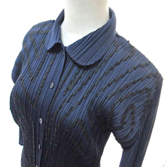 【中古】プリーツプリーズ PLEATS PLEASE イッセイミヤケ テープデザイン プリーツ シャツ 長袖 3 紺 ネイビー_3