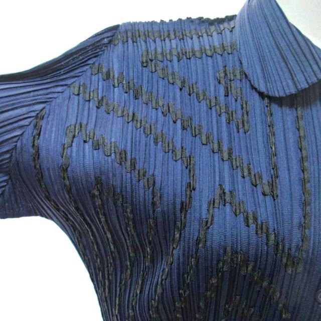 【中古】プリーツプリーズ PLEATS PLEASE イッセイミヤケ テープデザイン プリーツ シャツ 長袖 3 紺 ネイビー_4