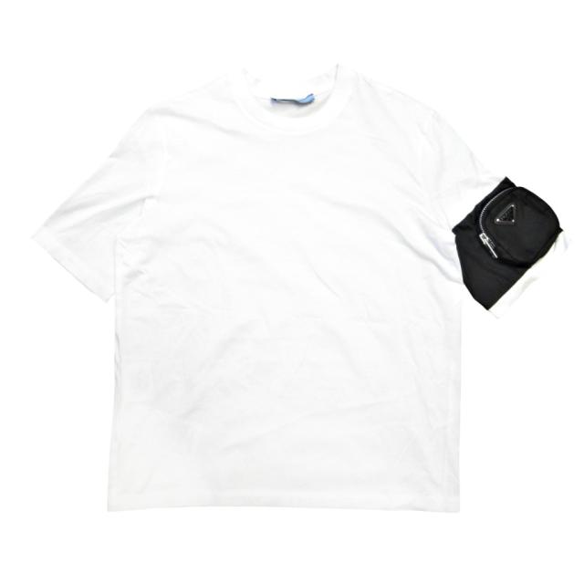 【中古】プラダ PRADA 極美品 トライアングルロゴ ポーチ付き 切替 Tシャツ 半袖 プレート XS 白 ホワイト ■MNK4