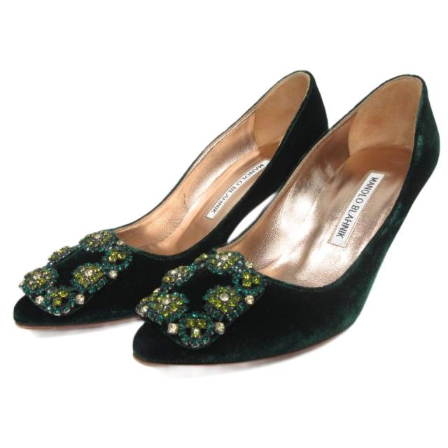 【中古】マノロブラニク MANOLO BLAHNIK ハンギシ パンプス ベロア ビジュー ポインテッドトゥ 34 1/2 緑 グリーン