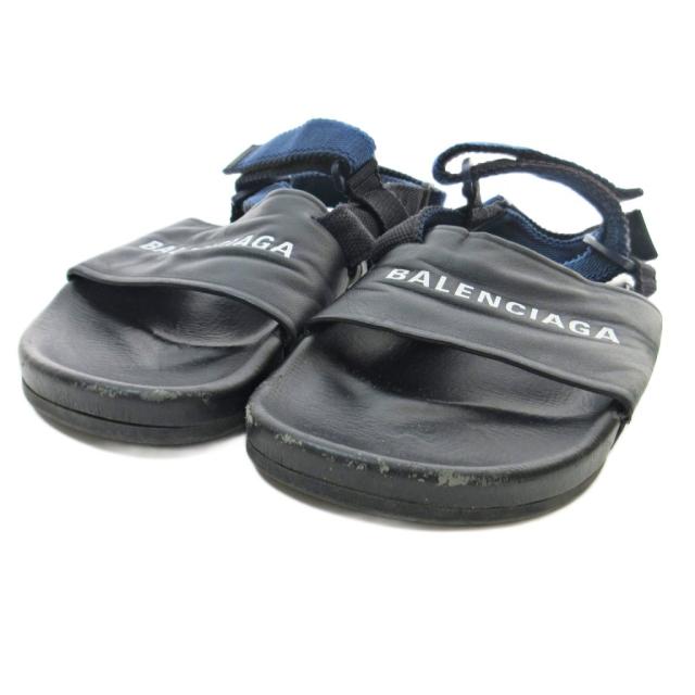 【中古】バレンシアガ BALENCIAGA ベルクロ ストラップ サンダル ロゴ プリント 41 25.5cm ブラック ネイビー 黒 紺