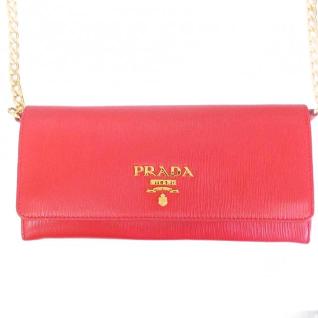 【中古】プラダ PRADA サフィアーノ チェーンウォレット ショルダー ポーチ 2WAY ロゴ レザー 赤 レッド 1MT290
