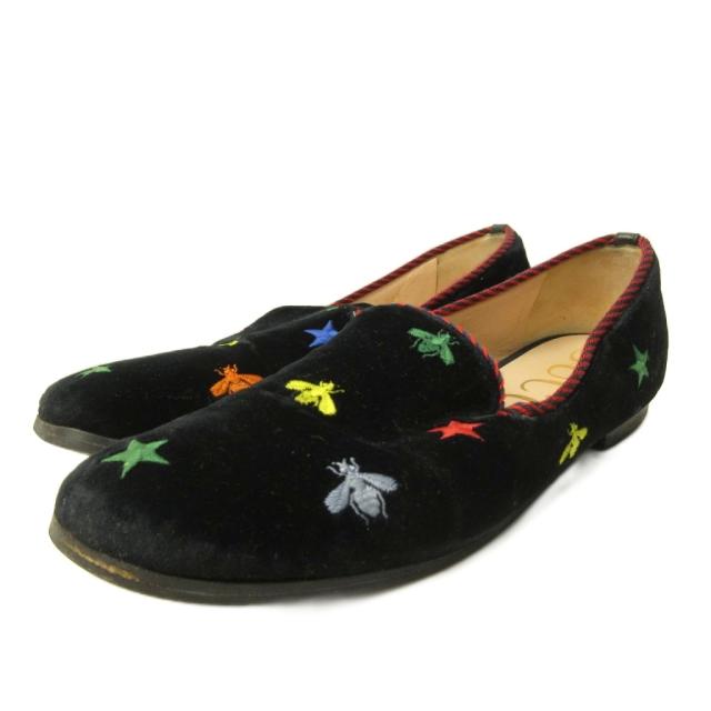 【中古】グッチ GUCCI ローファー シューズ ベルベット 星 ハチ 刺繍 39 26.0cm 黒 ブラック 505283 0319 IBO92
