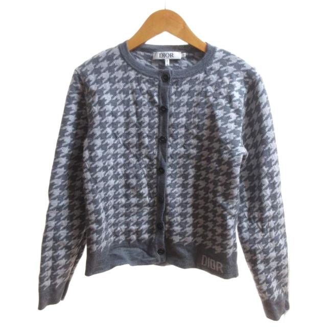 【中古】ディオール Dior カーディガン ウール クルーネック ロゴ 千鳥格子 12 グレー キッズ