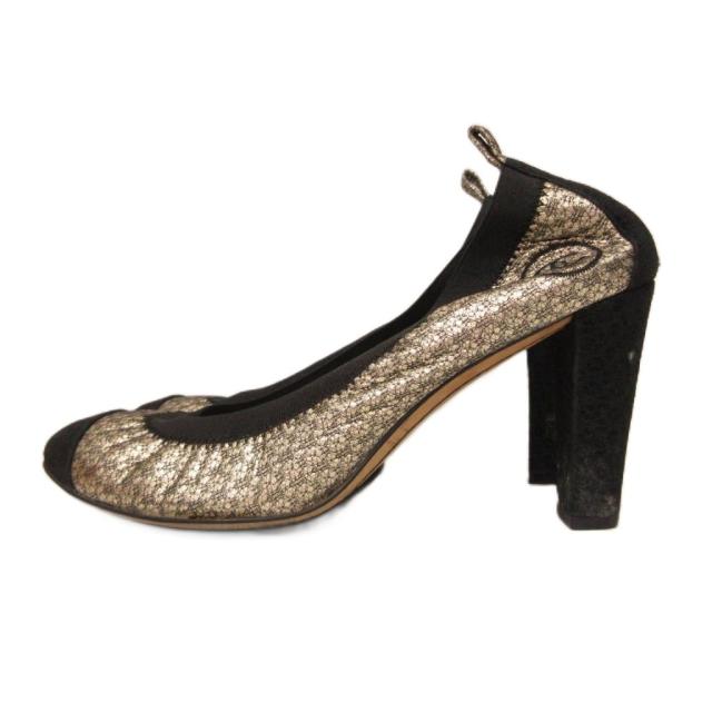 【中古】シャネル CHANEL バレー パンプス ココマーク チャンキーヒール 37.5C 黒 黒いこと シルバ—色合い IBO94