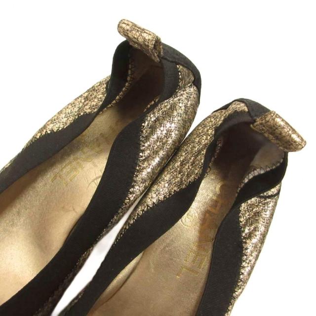 【中古】シャネル CHANEL バレー パンプス ココマーク チャンキーヒール 37.5C 黒 黒いこと シルバ—色合い IBO94