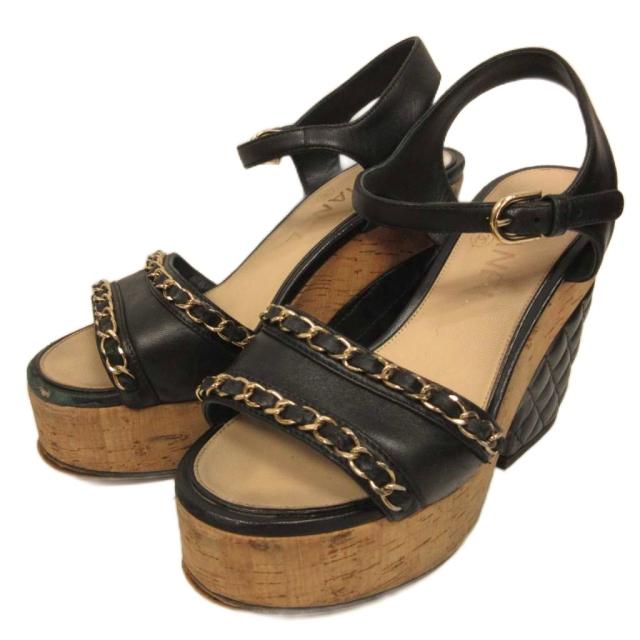 【中古】シャネル CHANEL マトラッセ プラットフォーム ウェッジソール サンダル ココマーク 35C 黒 ブラック IBO94