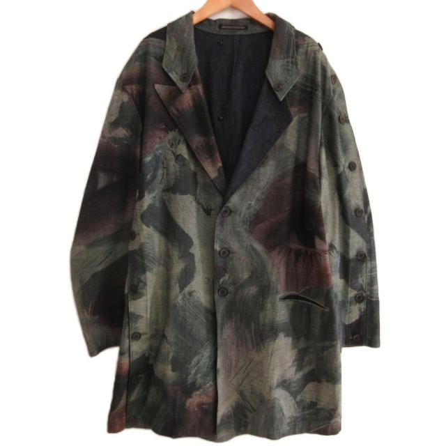 【中古】YOHJI YAMAMOTO POUR HOMME 希少 美品 21SS 釦あき絵 コットン プリントジャケット コート 2 HD-J14-814