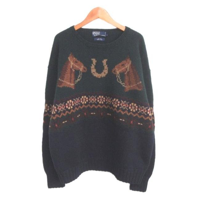 【中古】Polo by Ralph Lauren 90s HAND KNIT ハンドニット セーター ノルディック柄 L 紺 ネイビー IBO96 メンズ