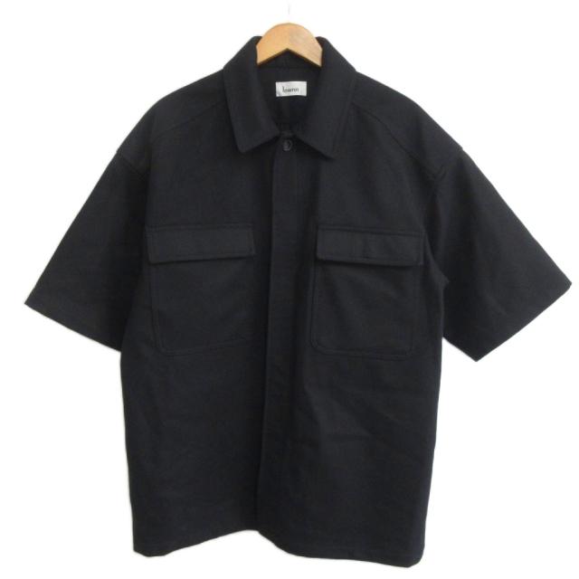 【中古】ローン Lownn 美品 ウールシャツ 半袖 メルトン 比翼 46 黒 ブラック IBO98 メンズ