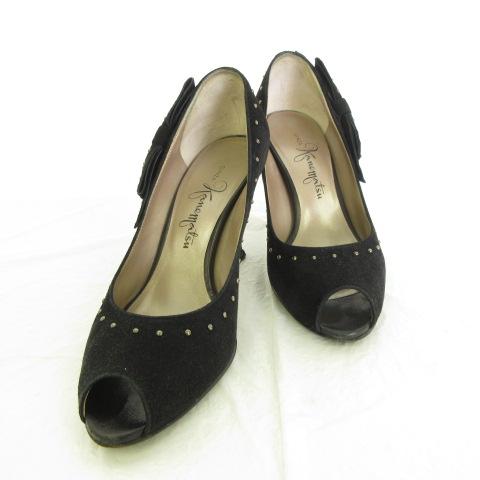 中古 銀座かねまつ Ginza Kanematsu パンプス オープントゥ リボン スタッズ スエード ヒール7 5cm 黒 22の通販はau Pay マーケット ブランド古着のベクトル