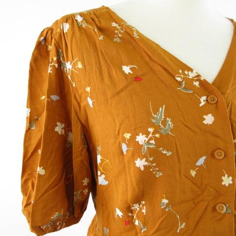 中古】ユニクロ UNIQLO シャツ ブラウス 五分袖 花柄 茶 S *T181