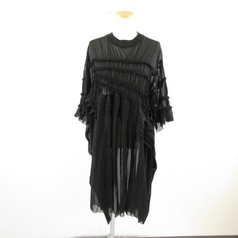 【中古】未使用品 ハク スーパーハッカ H.A.K パワーチュールギャザーワンピース 七分袖 ひざ丈 黒 F *A884 レディース
