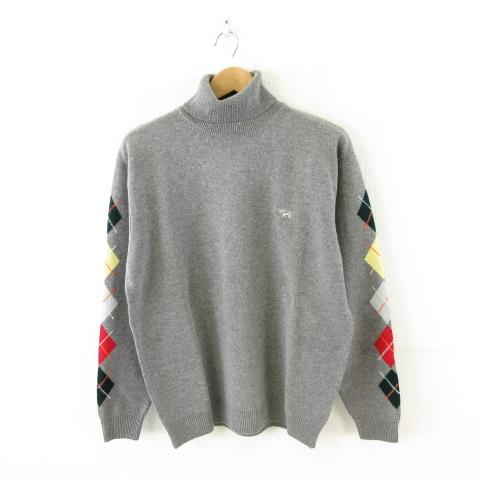 【中古】未使用品 パパス Papas タートルネックニット セーター 長袖 アーガイル グレー L *A689 メンズ