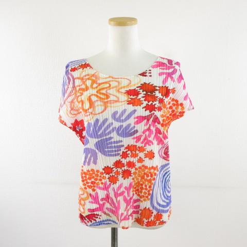 【中古】プリーツプリーズ PLEATS PLEASE イッセイミヤケ カットソー キャップスリーブ 総柄 オレンジ 白 3