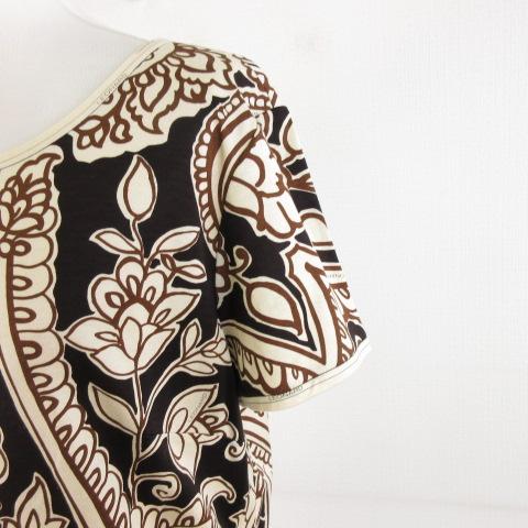 中古】レオナール LEONARD カットソー 半袖 花柄 ベージュ こげ茶 LL