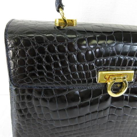 【中古】クリエーションルセ CREATION LUSSET ハンドバッグ クロコダイル レザー 黒 *T436 レディース_3