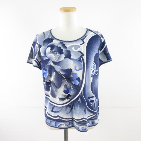 【中古】レオナール LEONARD カットソー 半袖 花柄 総柄 白 紺 LL *A902 レディース