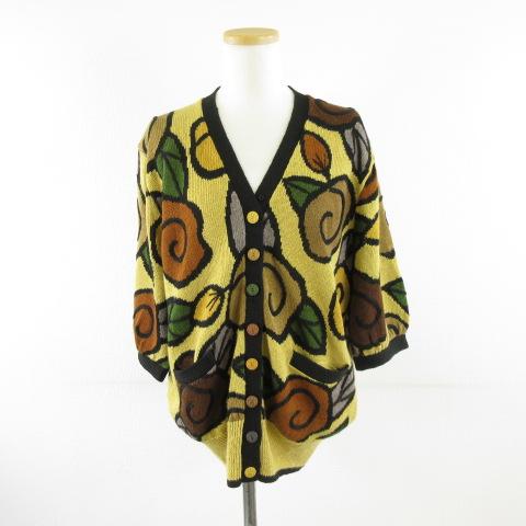 【中古】ハレルヤ KEIKO MURAKAMI ニットカーディガン 七分袖 総柄 ベージュ 茶 *A971 レディース
