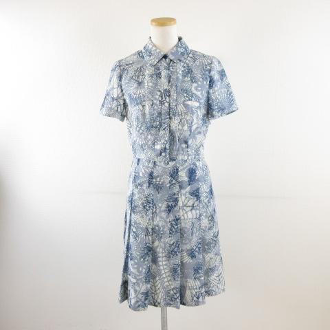 【中古】トリーバーチ TORY BURCH ひざ丈シャツワンピース プリーツ 半袖 総柄 青 白 2 *A337 ☆AA★ レディース