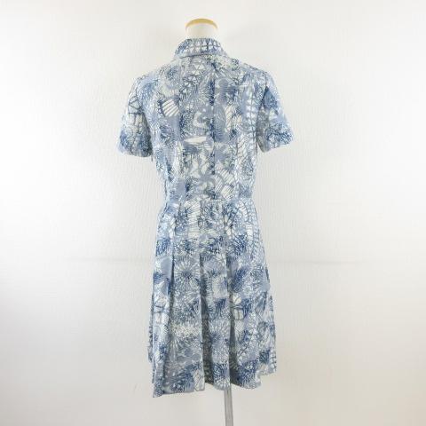 【中古】トリーバーチ TORY BURCH ひざ丈シャツワンピース プリーツ 半袖 総柄 青 白 2 *A337 ☆AA★ レディース