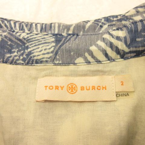 【中古】トリーバーチ TORY BURCH ひざ丈シャツワンピース プリーツ 半袖 総柄 青 白 2 *A337 ☆AA★ レディース