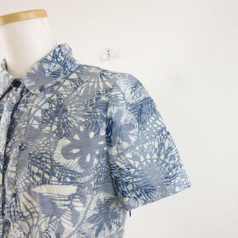 【中古】トリーバーチ TORY BURCH ひざ丈シャツワンピース プリーツ 半袖 総柄 青 白 2 *A337 ☆AA★ レディース