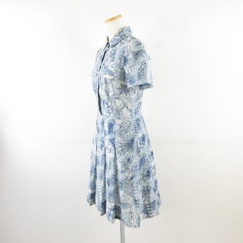 【中古】トリーバーチ TORY BURCH ひざ丈シャツワンピース プリーツ 半袖 総柄 青 白 2 *A337 ☆AA★ レディース