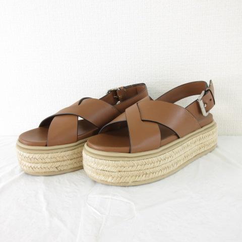 【中古】プラダ PRADA フラットフォームサンダル エスパドリーユ レザー 茶 35 *A129 レディース_3