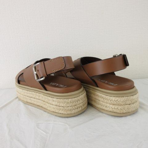 【中古】プラダ PRADA フラットフォームサンダル エスパドリーユ レザー 茶 35 *A129 レディース_4