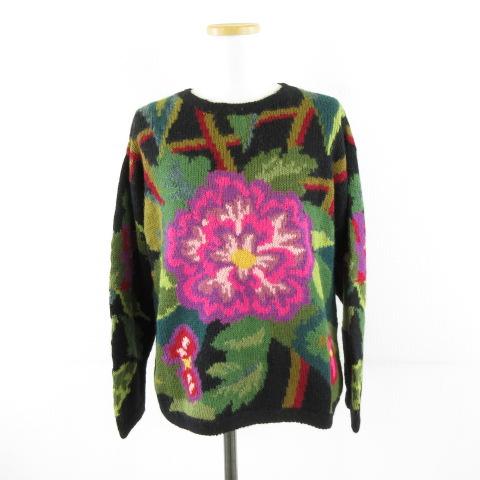 【中古】ビクーニャパコス V.Pacos ペルー製 ニット セーター アルパカ 長袖 花柄 黒 緑 F *A354 レディース