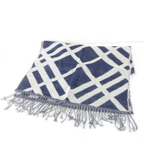 【中古】バーバリー ロンドン BURBERRY LONDON ストール アルパカ100% フリンジ 総柄 紺 *A564 レディース