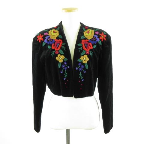 【中古】ビブロス byblos ヴィンテージ ノーカラーベロアジャケット 長袖 花柄刺繍 黒 42 *A797 レディース