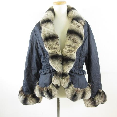 【中古】サンローズ SUN ROSE ダウンジャケット 長袖 ファー 紺 M *T836 レディース