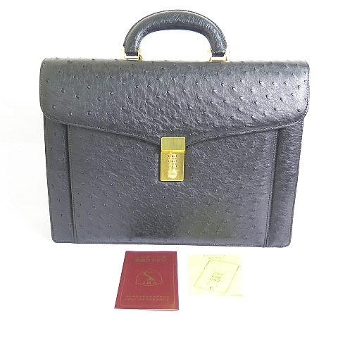 【中古】オーストリッチレザー ブリーフケース ビジネスバッグ A4対応 ダイヤルロック ブラック 美品 2sa7316 メンズ