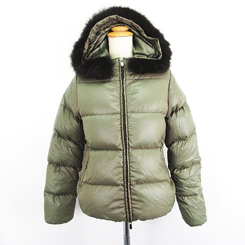 【中古】デュベティカ ダウンジャケット 長袖 フード ジップアップ リアルファー 38 カーキ ※EKM レディース