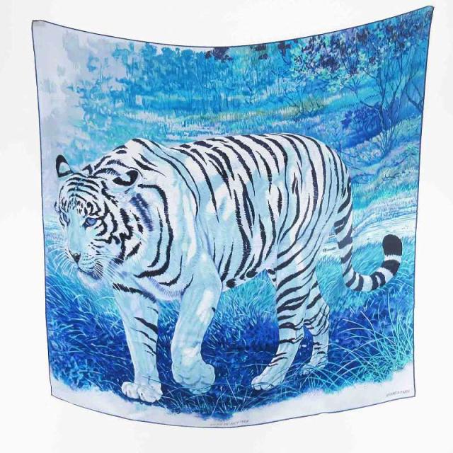【中古】未使用品 エルメス HERMES カレ90 TIGRE DU BENGALE ベンガル 虎柄 アニマル スカーフ 大判 ブルー 青